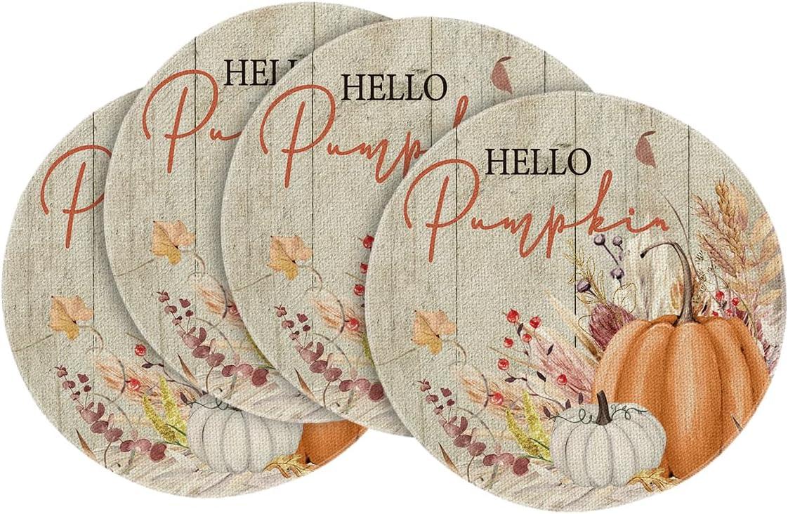 imageArtoid Mode Orange Hello Pumpkin Leaves Fall Placemats Set of 4 12x18 Inch Autumn Thanksgiving Harvest Watercolor Table Mats for Dining Party DecorationWood