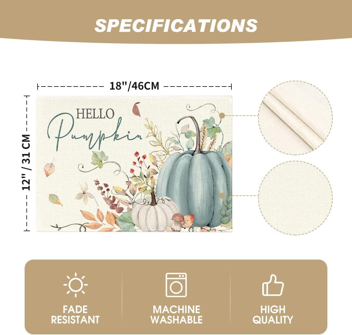 imageArtoid Mode Orange Hello Pumpkin Leaves Fall Placemats Set of 4 12x18 Inch Autumn Thanksgiving Harvest Watercolor Table Mats for Dining Party DecorationBeigeBlue