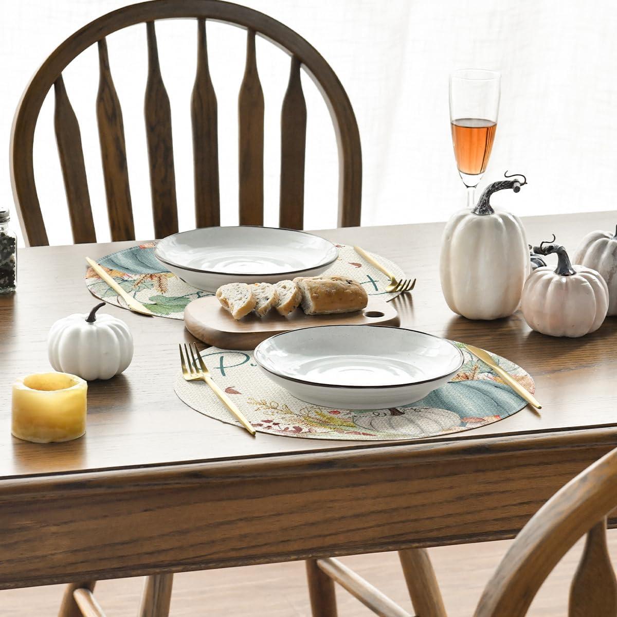 imageArtoid Mode Orange Hello Pumpkin Leaves Fall Placemats Set of 4 12x18 Inch Autumn Thanksgiving Harvest Watercolor Table Mats for Dining Party DecorationBeigeBlue