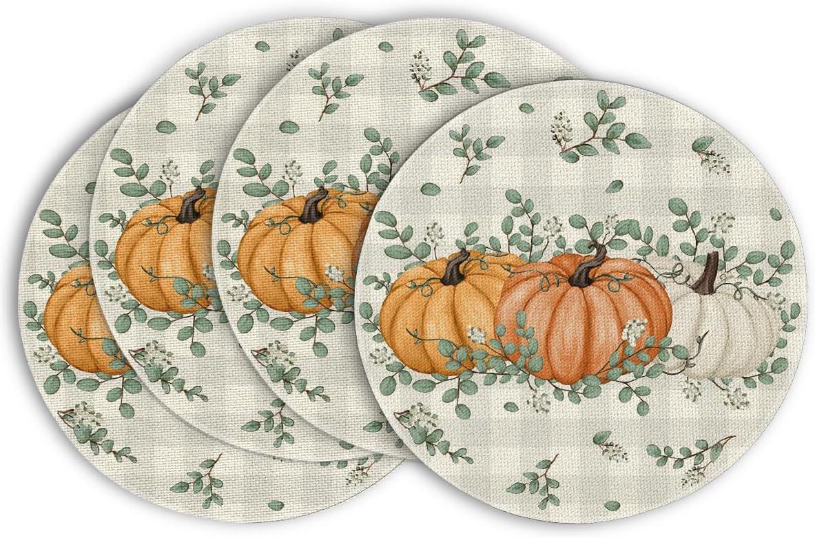 imageArtoid Mode Orange Pumpkins Eucalyptus Leaves Fall Placemats Set of 4 12x18 Inch Seasonal Autumn Table Mats for Party Kitchen Dining DecorationOrange