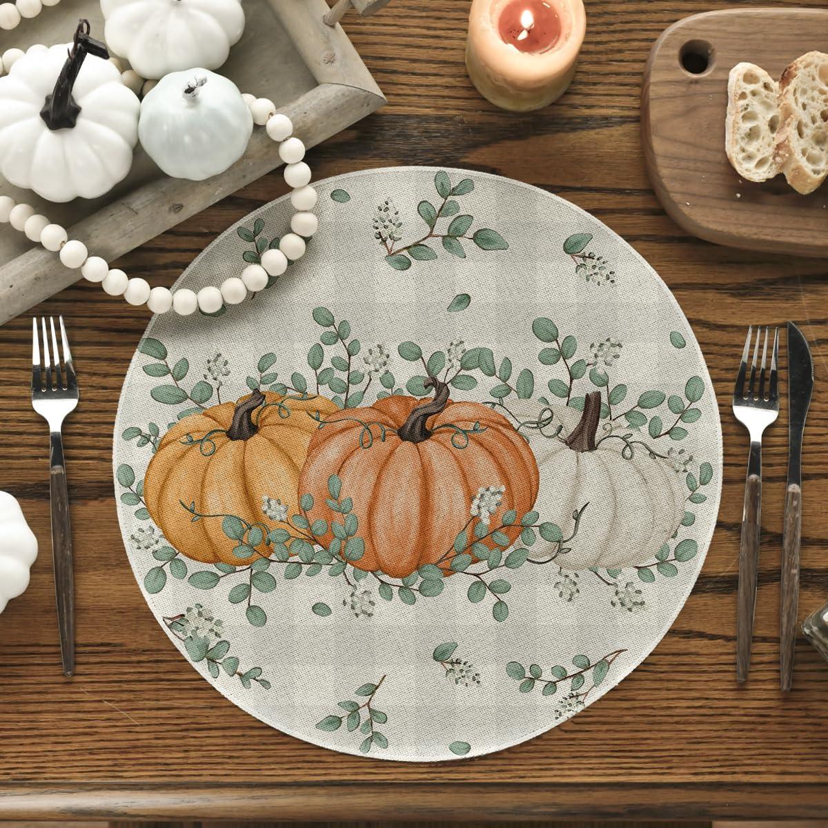imageArtoid Mode Orange Pumpkins Eucalyptus Leaves Fall Placemats Set of 4 12x18 Inch Seasonal Autumn Table Mats for Party Kitchen Dining DecorationOrange