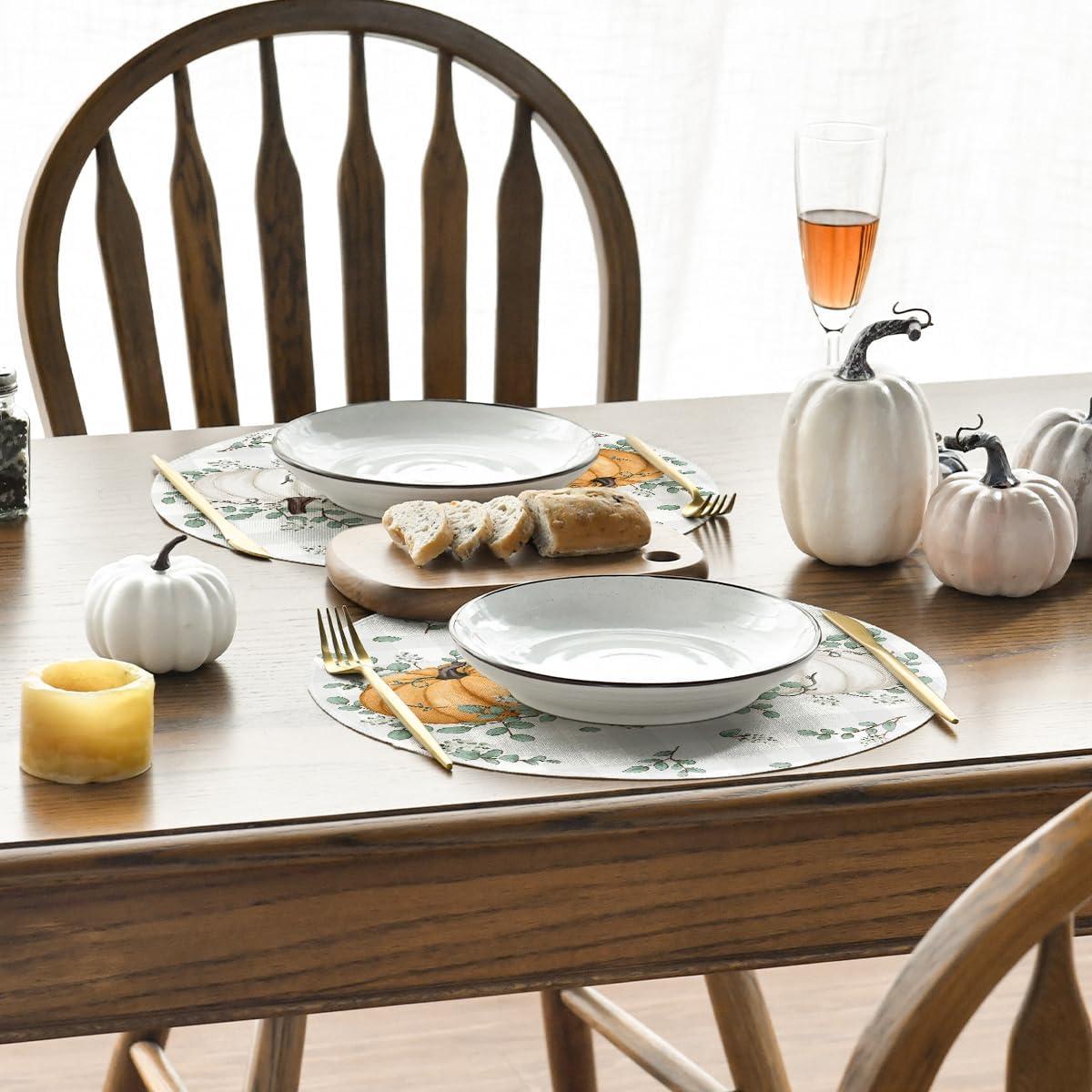 imageArtoid Mode Orange Pumpkins Eucalyptus Leaves Fall Placemats Set of 4 12x18 Inch Seasonal Autumn Table Mats for Party Kitchen Dining DecorationOrange