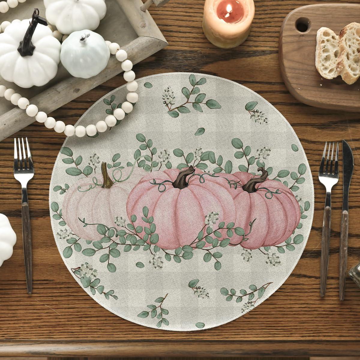 imageArtoid Mode Orange Pumpkins Eucalyptus Leaves Fall Placemats Set of 4 12x18 Inch Seasonal Autumn Table Mats for Party Kitchen Dining DecorationPink