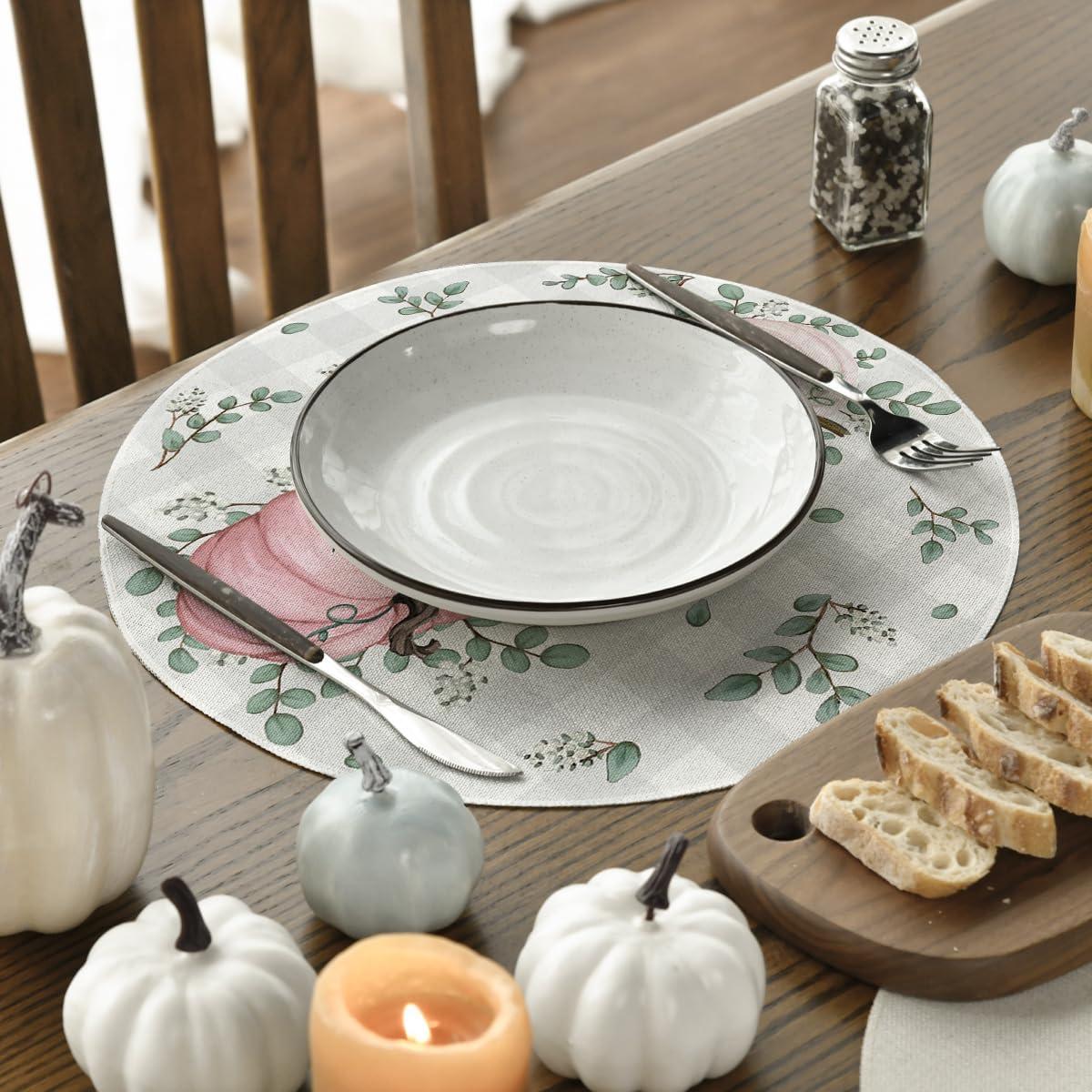 imageArtoid Mode Orange Pumpkins Eucalyptus Leaves Fall Placemats Set of 4 12x18 Inch Seasonal Autumn Table Mats for Party Kitchen Dining DecorationPink