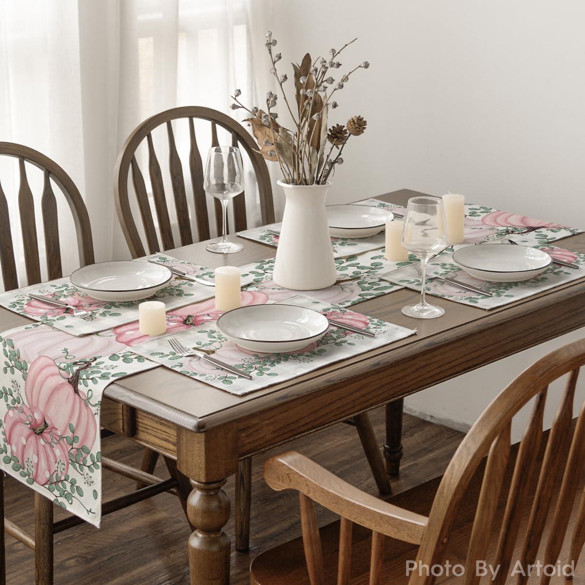 imageArtoid Mode Orange Pumpkins Eucalyptus Leaves Fall Placemats Set of 4 12x18 Inch Seasonal Autumn Table Mats for Party Kitchen Dining DecorationPink