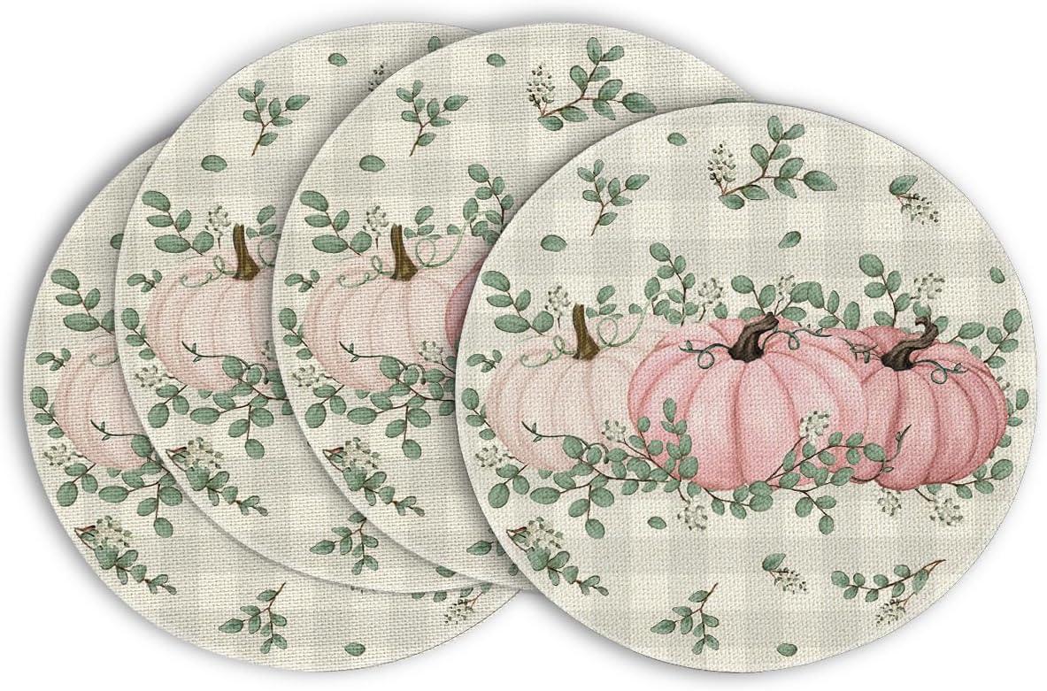 imageArtoid Mode Orange Pumpkins Eucalyptus Leaves Fall Placemats Set of 4 12x18 Inch Seasonal Autumn Table Mats for Party Kitchen Dining DecorationPink