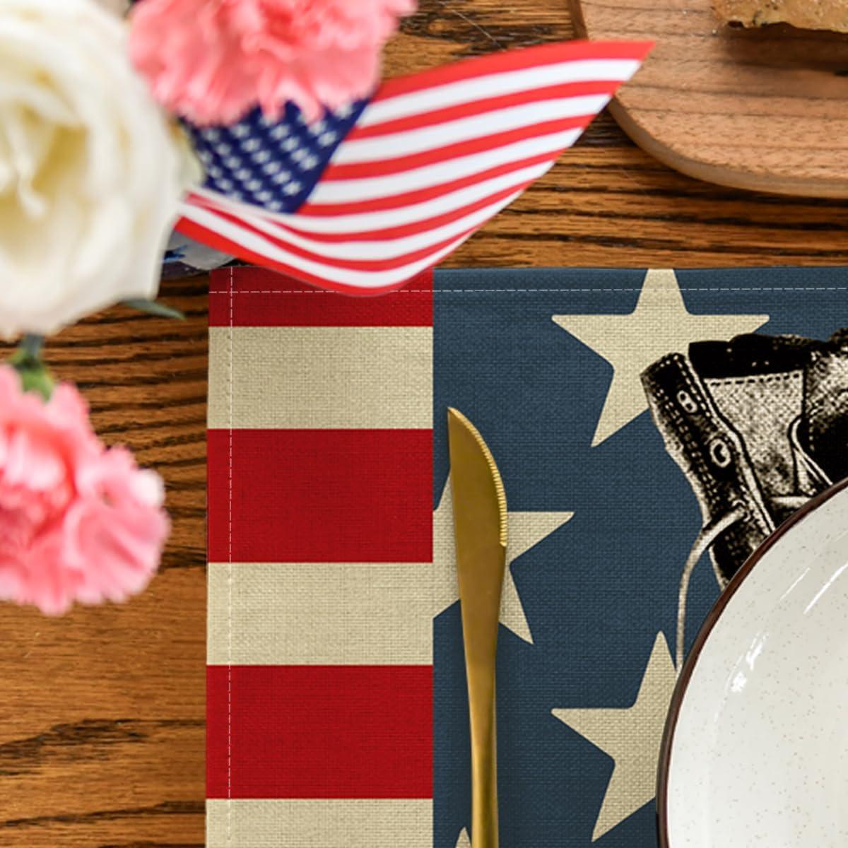 imageArtoid Mode Patriotic Stripes Stars Boots Freedom Placemats for Dining Table 12 x 18 Inch 4th of July Memorial Day Decoration Washable Table Mats Set of 4