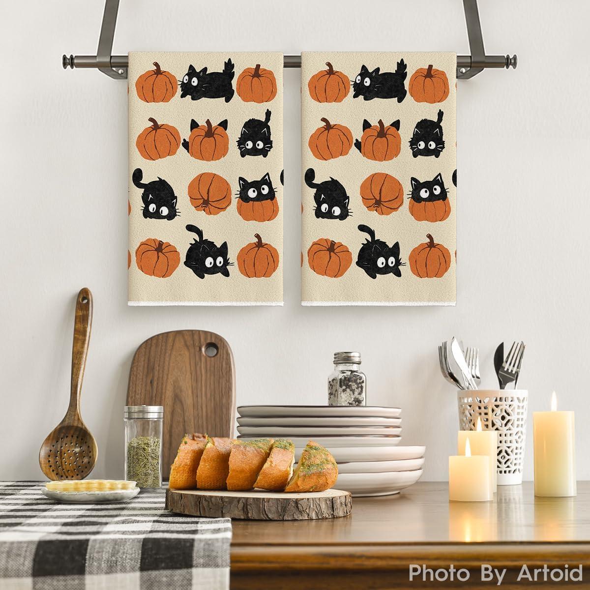 imageArtoid Mode Pumpkin Balck Cat Fall Kitchen Towels Dish Towels 18x26 Inch Farmhouse Autumn Decoration Hand Towels Set of 2