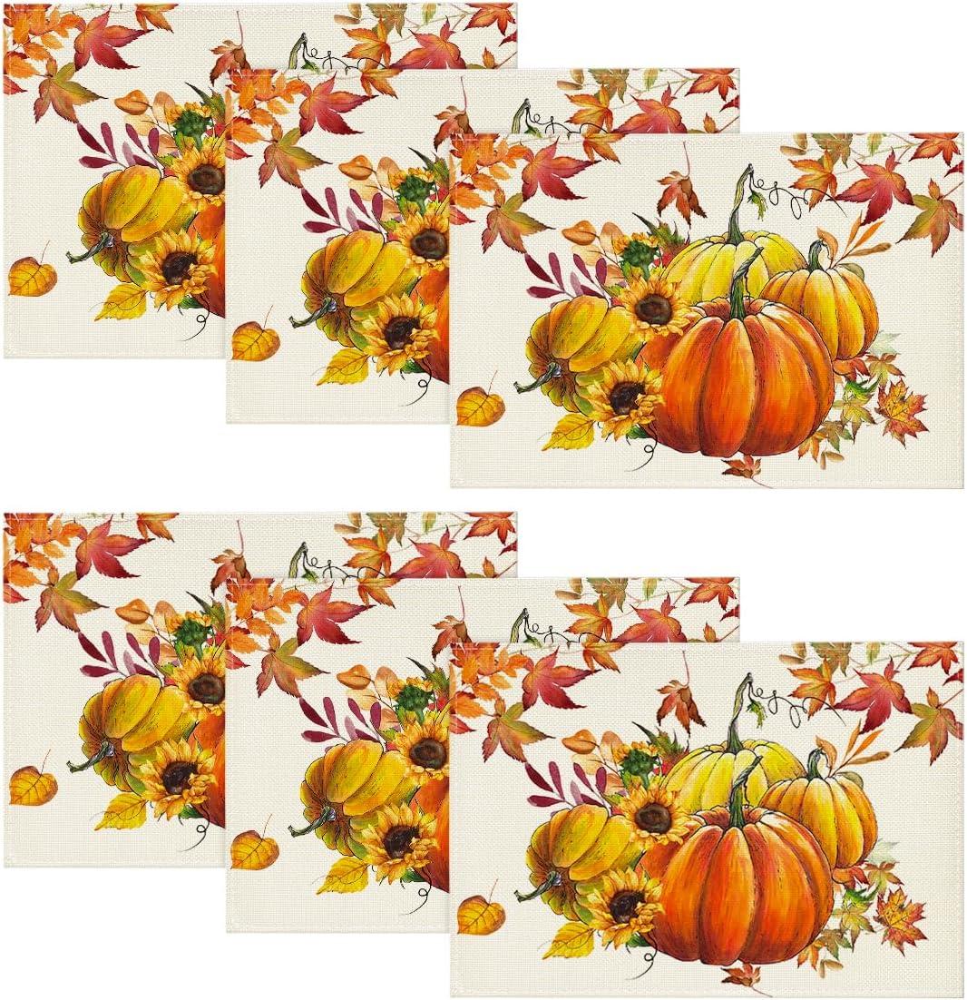 imageArtoid Mode Pumpkins Fall Round Placemats Set of 414 Inch Maples Leaves Thankgiving Seasonal Round Place Mats for Party Dining DecorationBeigeOrange