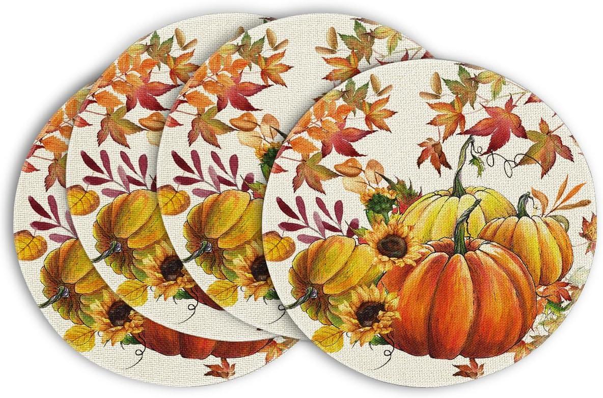 imageArtoid Mode Pumpkins Fall Round Placemats Set of 414 Inch Maples Leaves Thankgiving Seasonal Round Place Mats for Party Dining DecorationBeigeOrange