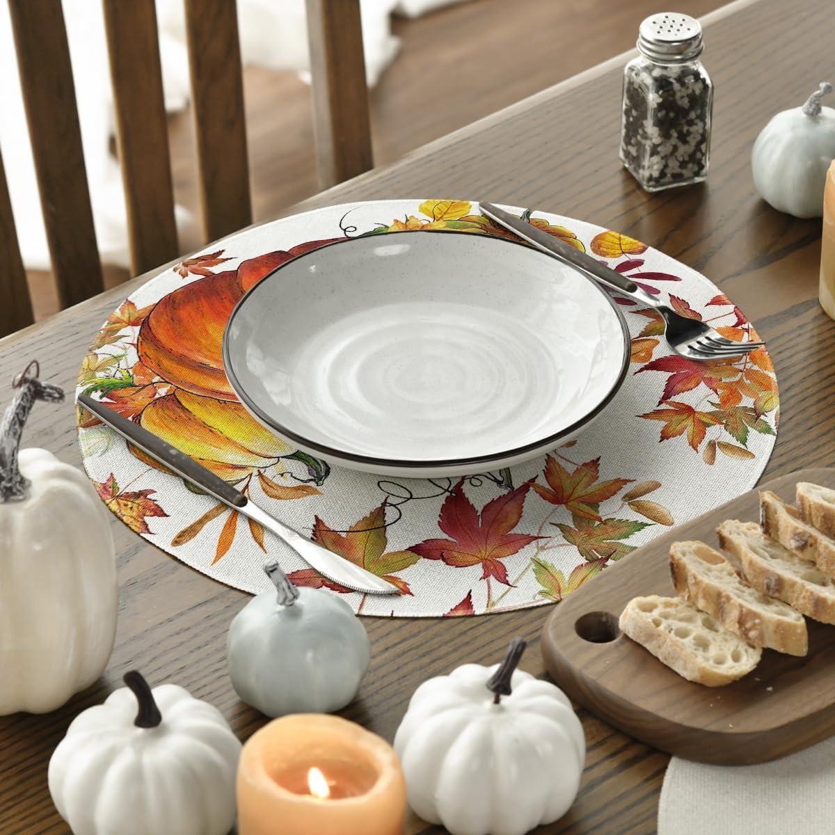 imageArtoid Mode Pumpkins Fall Round Placemats Set of 414 Inch Maples Leaves Thankgiving Seasonal Round Place Mats for Party Dining DecorationBeigeOrange