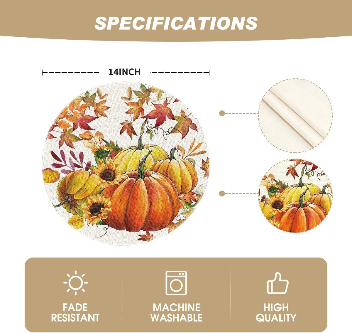 imageArtoid Mode Pumpkins Fall Round Placemats Set of 414 Inch Maples Leaves Thankgiving Seasonal Round Place Mats for Party Dining DecorationBeigeOrange