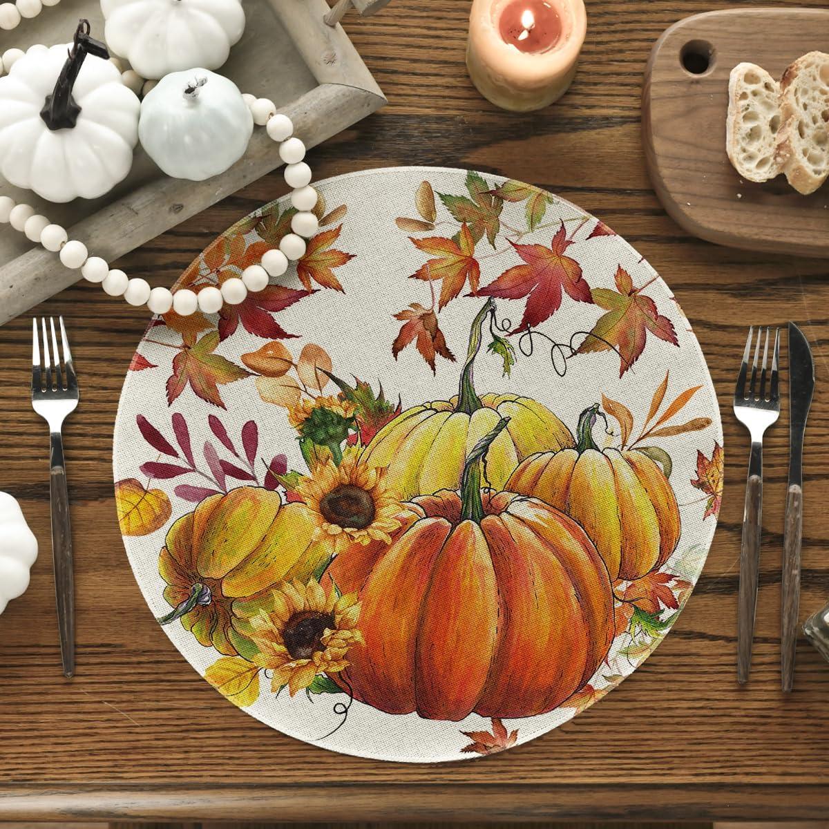imageArtoid Mode Pumpkins Fall Round Placemats Set of 414 Inch Maples Leaves Thankgiving Seasonal Round Place Mats for Party Dining DecorationBeigeOrange