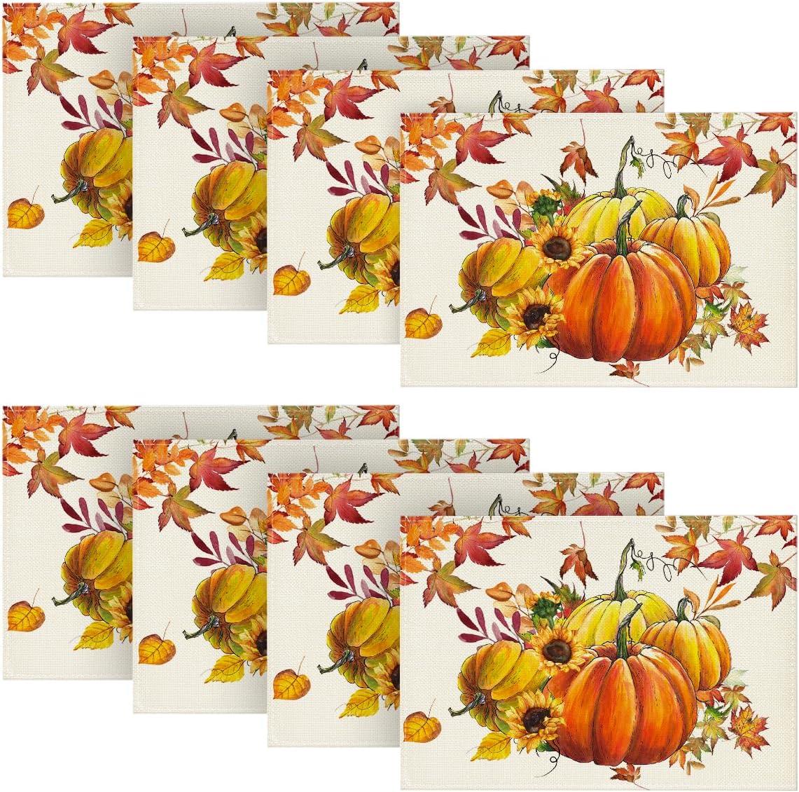 imageArtoid Mode Pumpkins Fall Round Placemats Set of 414 Inch Maples Leaves Thankgiving Seasonal Round Place Mats for Party Dining DecorationBeigeOrange
