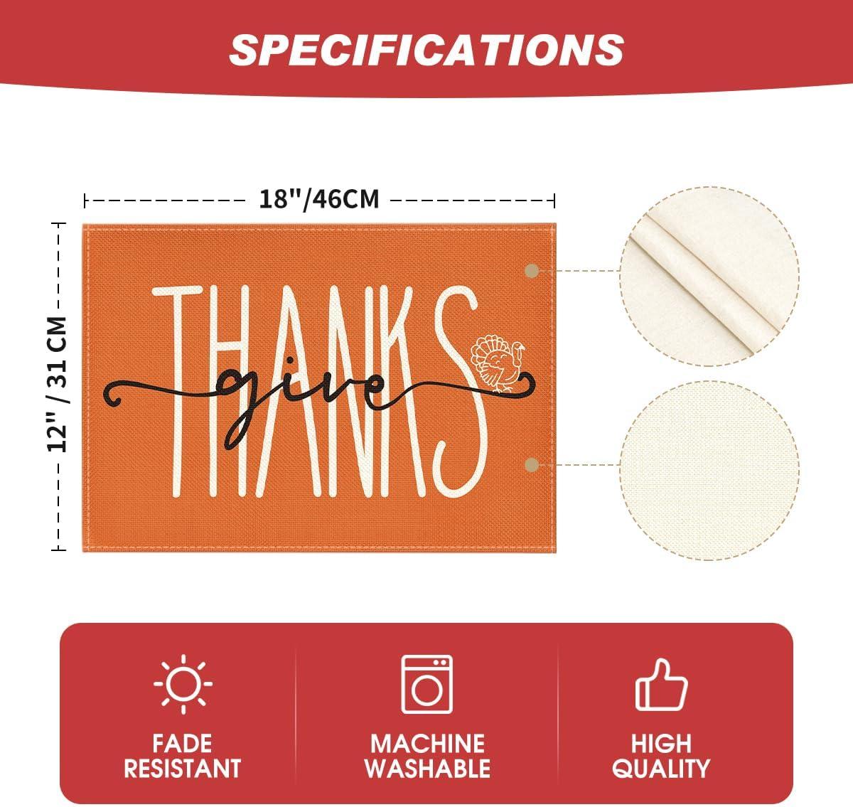 imageArtoid Mode Pumpkins Give Thanks Turkey Fall Placemats Set of 4 12x18 Inch Pumpkin Pie Thanksgiving Table Mats for Party Kitchen Dining DecorationOrange