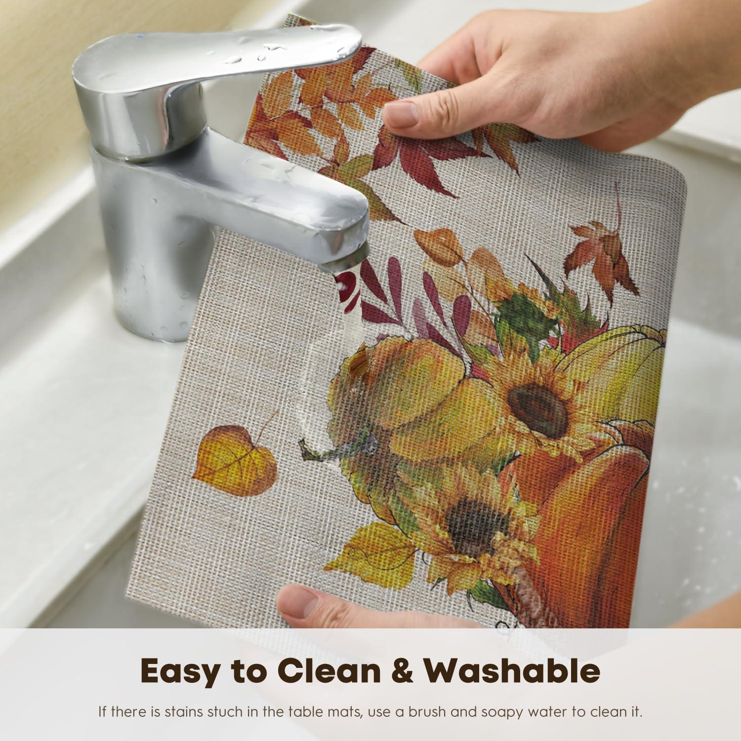 imageArtoid Mode Pumpkins Maple Leaves Fall Vinyl Placemats Set of 4 Wipeable Colorful Printing PVC Place Mats for Party Kitchen Dining Decor BeigeBeige