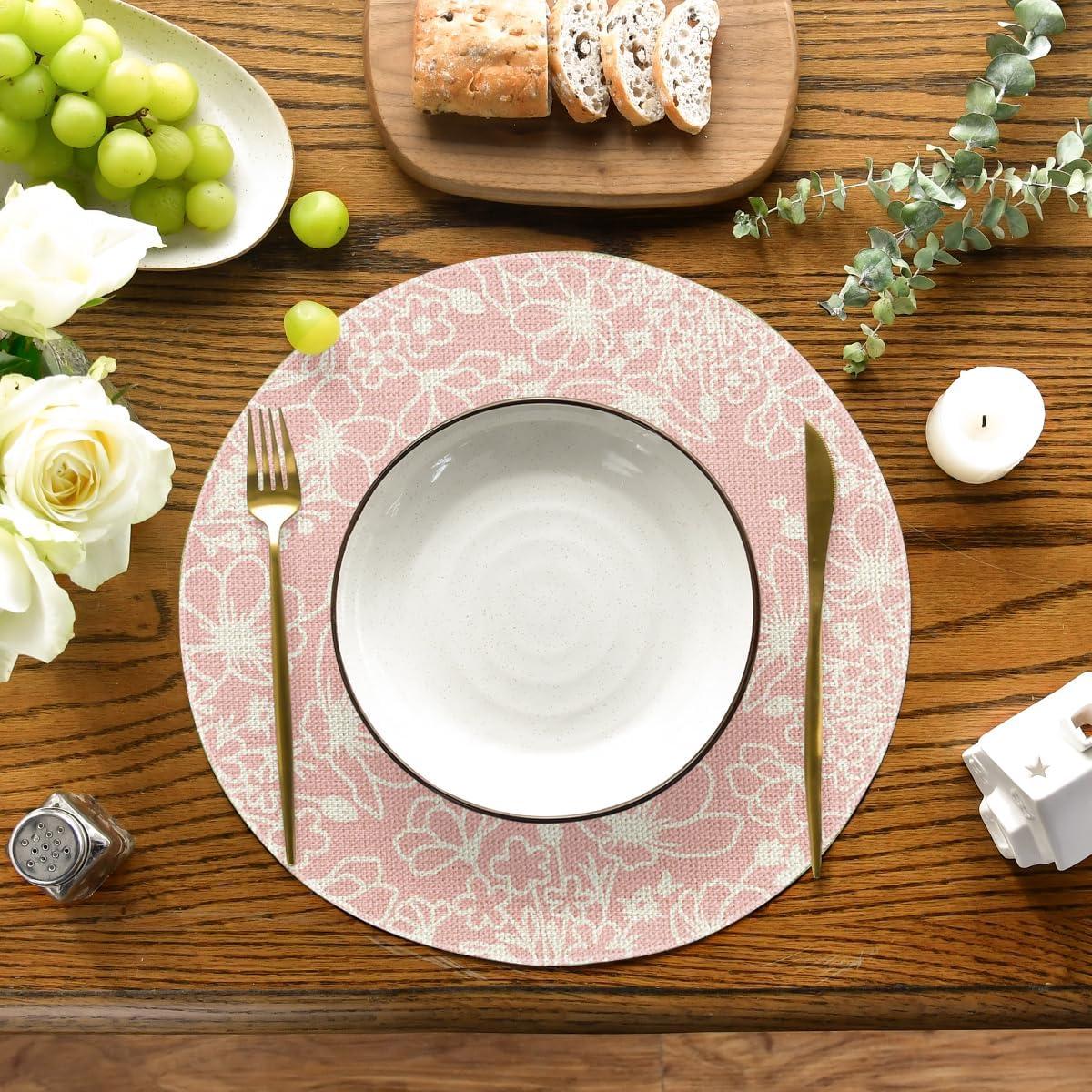 imageArtoid Mode Purple Flowers Floral Butterflies Spring Round Placemats Set of 4 14 Inch Seasonal Round Table Mats for Dining DecorationPink