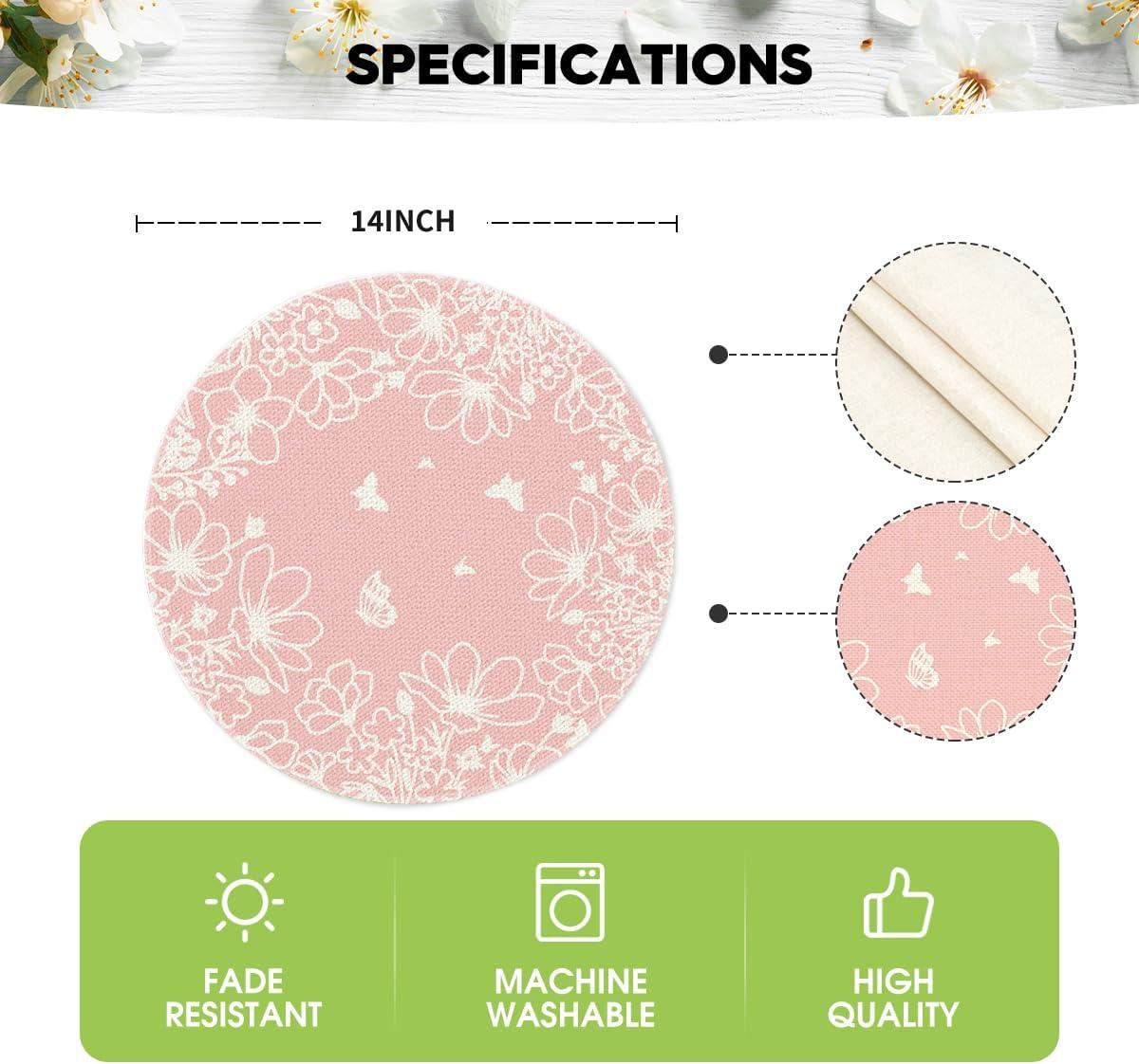 imageArtoid Mode Purple Flowers Floral Butterflies Spring Round Placemats Set of 4 14 Inch Seasonal Round Table Mats for Dining DecorationPink