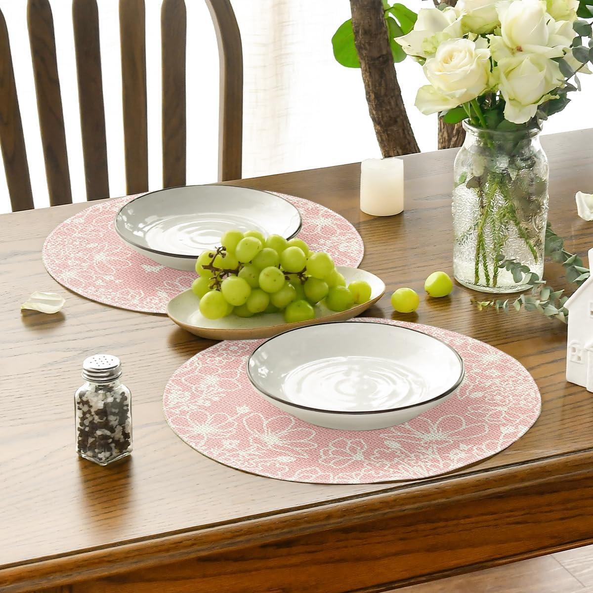 imageArtoid Mode Purple Flowers Floral Butterflies Spring Round Placemats Set of 4 14 Inch Seasonal Round Table Mats for Dining DecorationPink