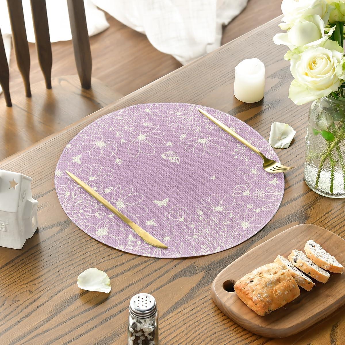 imageArtoid Mode Purple Flowers Floral Butterflies Spring Round Placemats Set of 4 14 Inch Seasonal Round Table Mats for Dining DecorationPurple