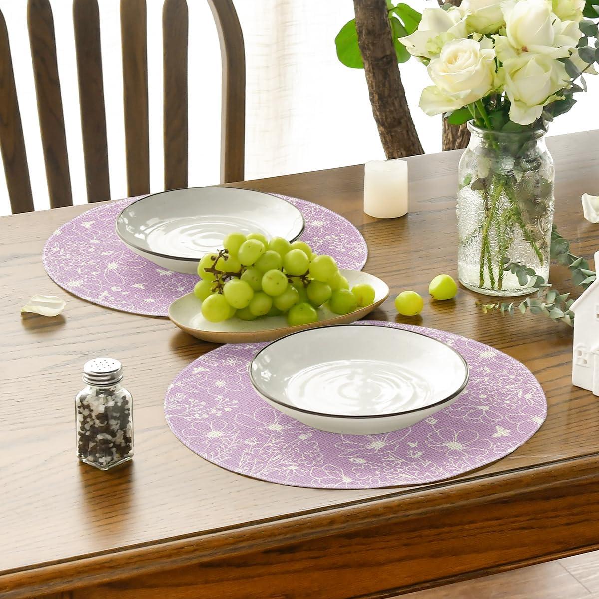 imageArtoid Mode Purple Flowers Floral Butterflies Spring Round Placemats Set of 4 14 Inch Seasonal Round Table Mats for Dining DecorationPurple