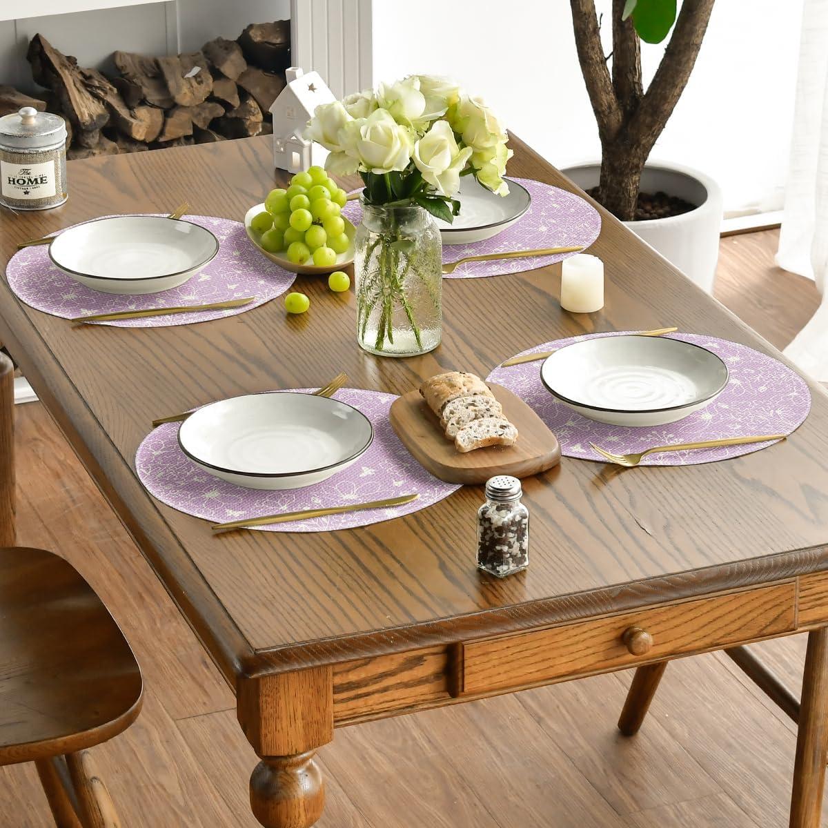 imageArtoid Mode Purple Flowers Floral Butterflies Spring Round Placemats Set of 4 14 Inch Seasonal Round Table Mats for Dining DecorationPurple