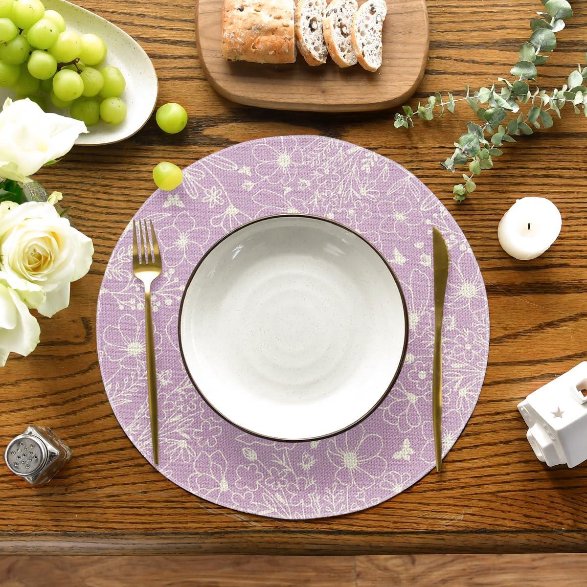 imageArtoid Mode Purple Flowers Floral Butterflies Spring Round Placemats Set of 4 14 Inch Seasonal Round Table Mats for Dining DecorationPurple