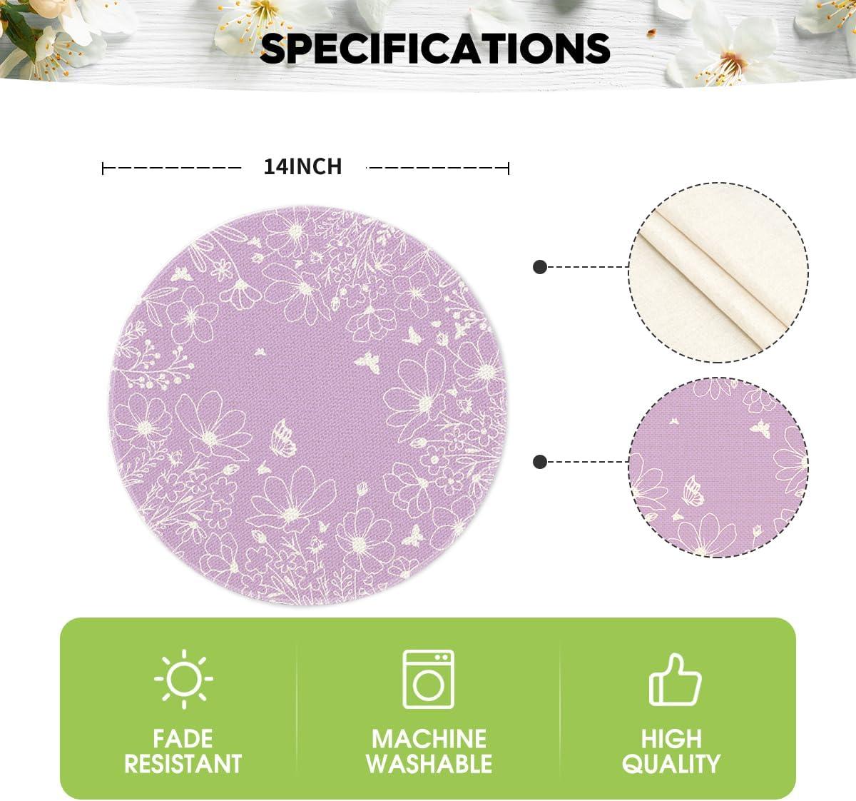 imageArtoid Mode Purple Flowers Floral Butterflies Spring Round Placemats Set of 4 14 Inch Seasonal Round Table Mats for Dining DecorationPurple