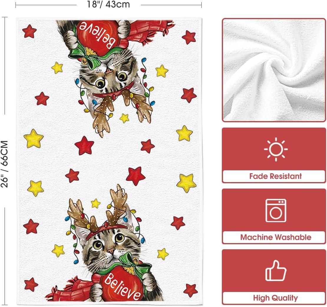 imageArtoid Mode Red Cat Merry Christmas Kitchen Towels Dish Towels 18x26 Inch Star Xmas Ball Believe Daily Winter Decoration Hand Towels Set of 2