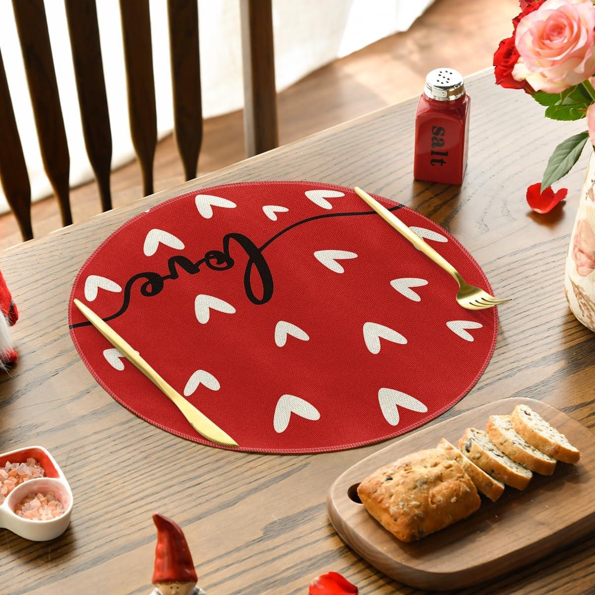 imageArtoid Mode Red Love Round Valentine Placemats Set of 4 14 Inch Anniversary Wedding Round Table Mats for Dining DecorationRed