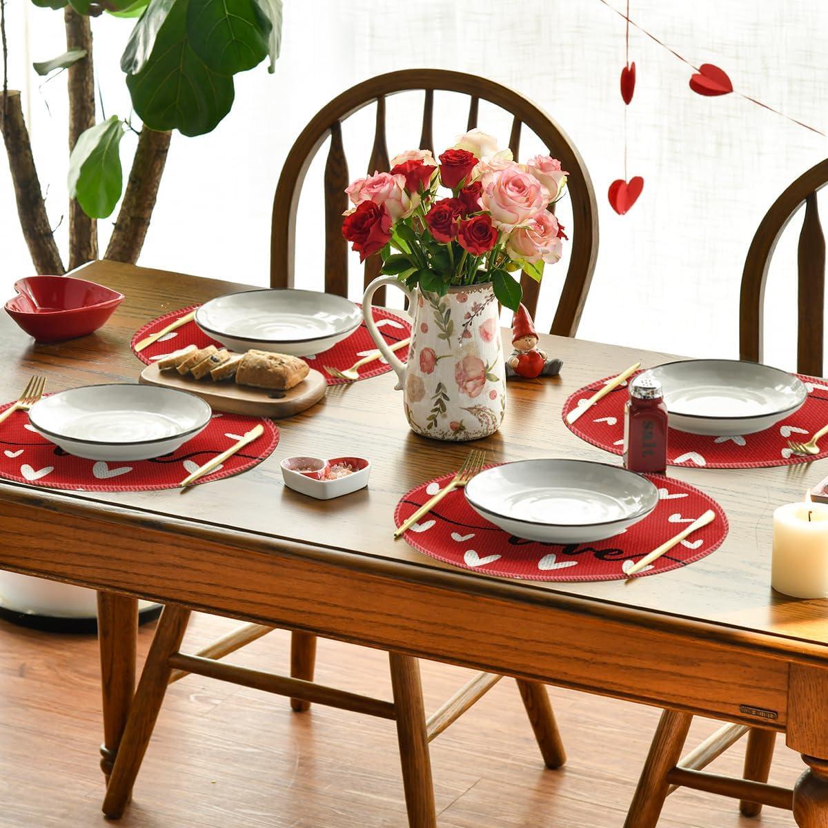 imageArtoid Mode Red Love Round Valentine Placemats Set of 4 14 Inch Anniversary Wedding Round Table Mats for Dining DecorationRed
