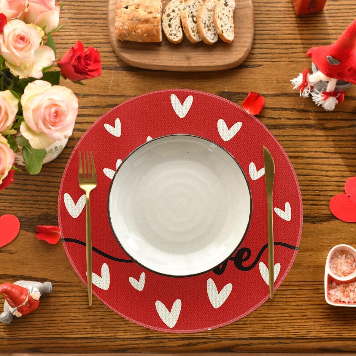 imageArtoid Mode Red Love Round Valentine Placemats Set of 4 14 Inch Anniversary Wedding Round Table Mats for Dining DecorationRed