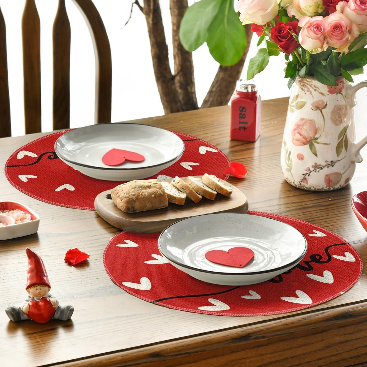 imageArtoid Mode Red Love Round Valentine Placemats Set of 4 14 Inch Anniversary Wedding Round Table Mats for Dining DecorationRed
