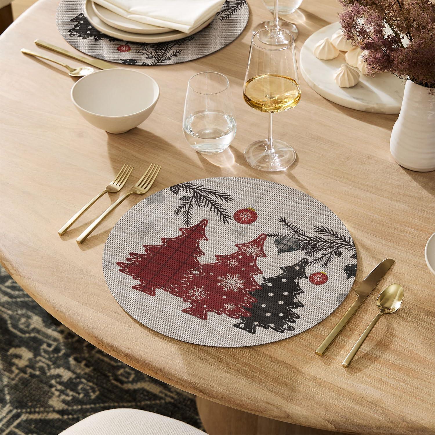 imageArtoid Mode Red Pine Trees Balls Christmas Vinyl Placemats Set of 4 12x18 Inch Wipeable Winter PVC Woven Table Mats for Party Kitchen Dining DecorBeigeRed