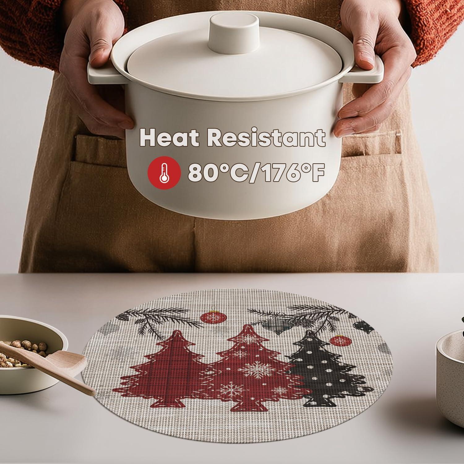 imageArtoid Mode Red Pine Trees Balls Christmas Vinyl Placemats Set of 4 12x18 Inch Wipeable Winter PVC Woven Table Mats for Party Kitchen Dining DecorBeigeRed