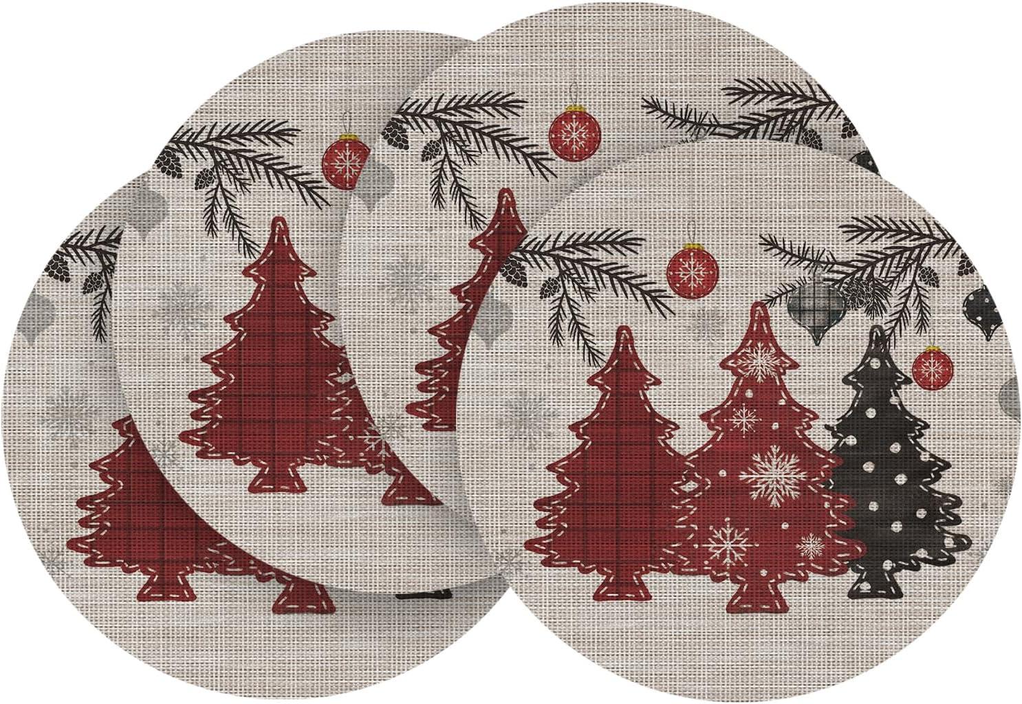 imageArtoid Mode Red Pine Trees Balls Christmas Vinyl Placemats Set of 4 12x18 Inch Wipeable Winter PVC Woven Table Mats for Party Kitchen Dining DecorBeigeRed