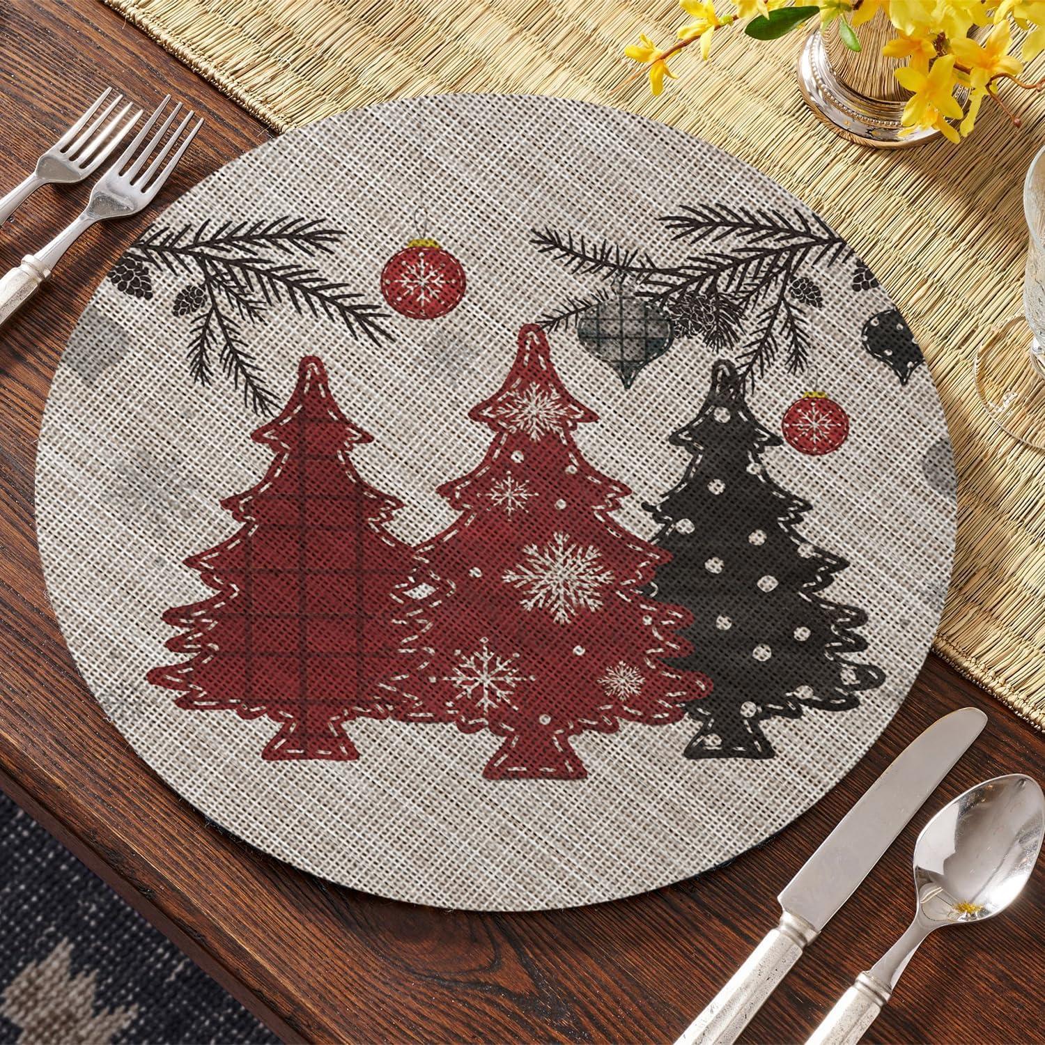 imageArtoid Mode Red Pine Trees Balls Christmas Vinyl Placemats Set of 4 12x18 Inch Wipeable Winter PVC Woven Table Mats for Party Kitchen Dining DecorBeigeRed