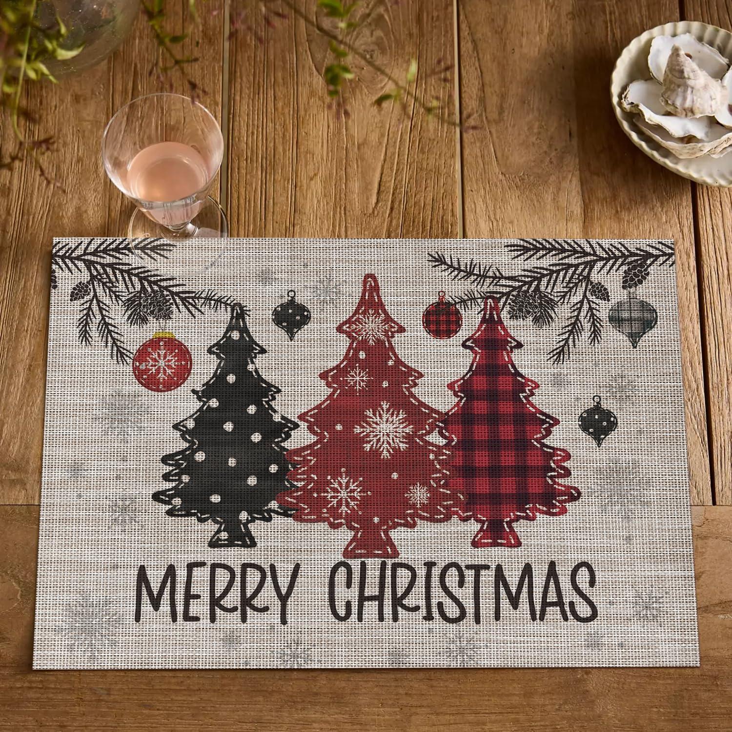imageArtoid Mode Red Pine Trees Balls Christmas Vinyl Placemats Set of 4 12x18 Inch Wipeable Winter PVC Woven Table Mats for Party Kitchen Dining DecorBeigeRed