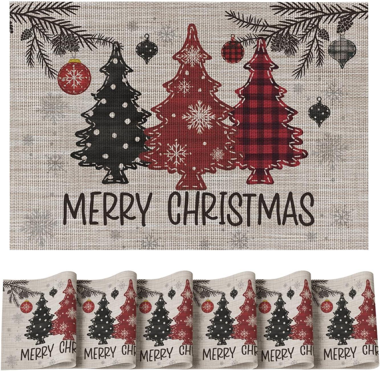 imageArtoid Mode Red Pine Trees Balls Christmas Vinyl Placemats Set of 4 12x18 Inch Wipeable Winter PVC Woven Table Mats for Party Kitchen Dining DecorBeigeRed