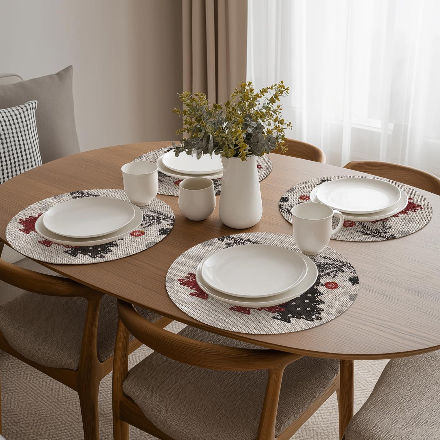 imageArtoid Mode Red Pine Trees Balls Christmas Vinyl Placemats Set of 4 12x18 Inch Wipeable Winter PVC Woven Table Mats for Party Kitchen Dining DecorBeigeRed