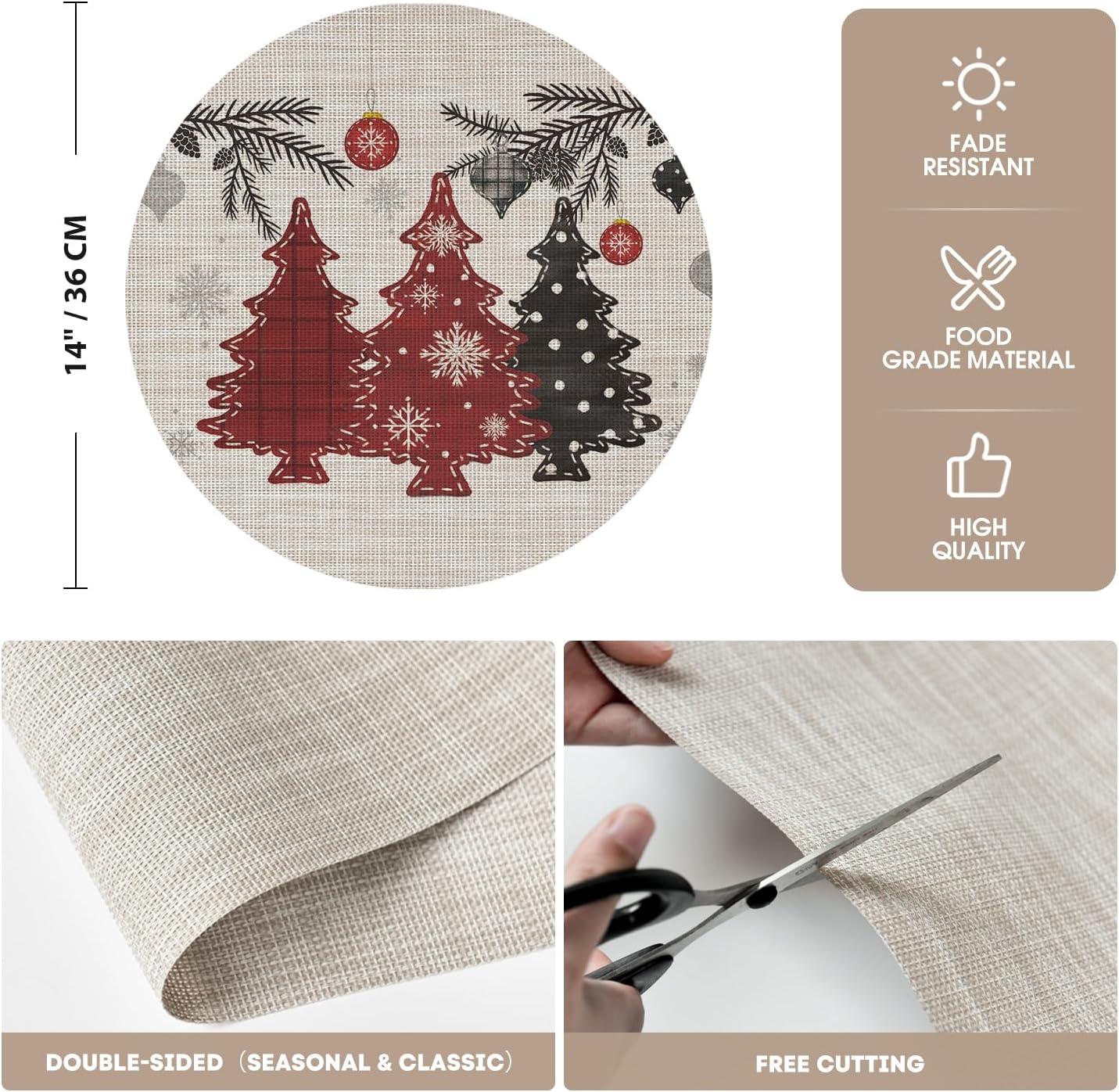 imageArtoid Mode Red Pine Trees Balls Christmas Vinyl Placemats Set of 4 12x18 Inch Wipeable Winter PVC Woven Table Mats for Party Kitchen Dining DecorBeigeRed