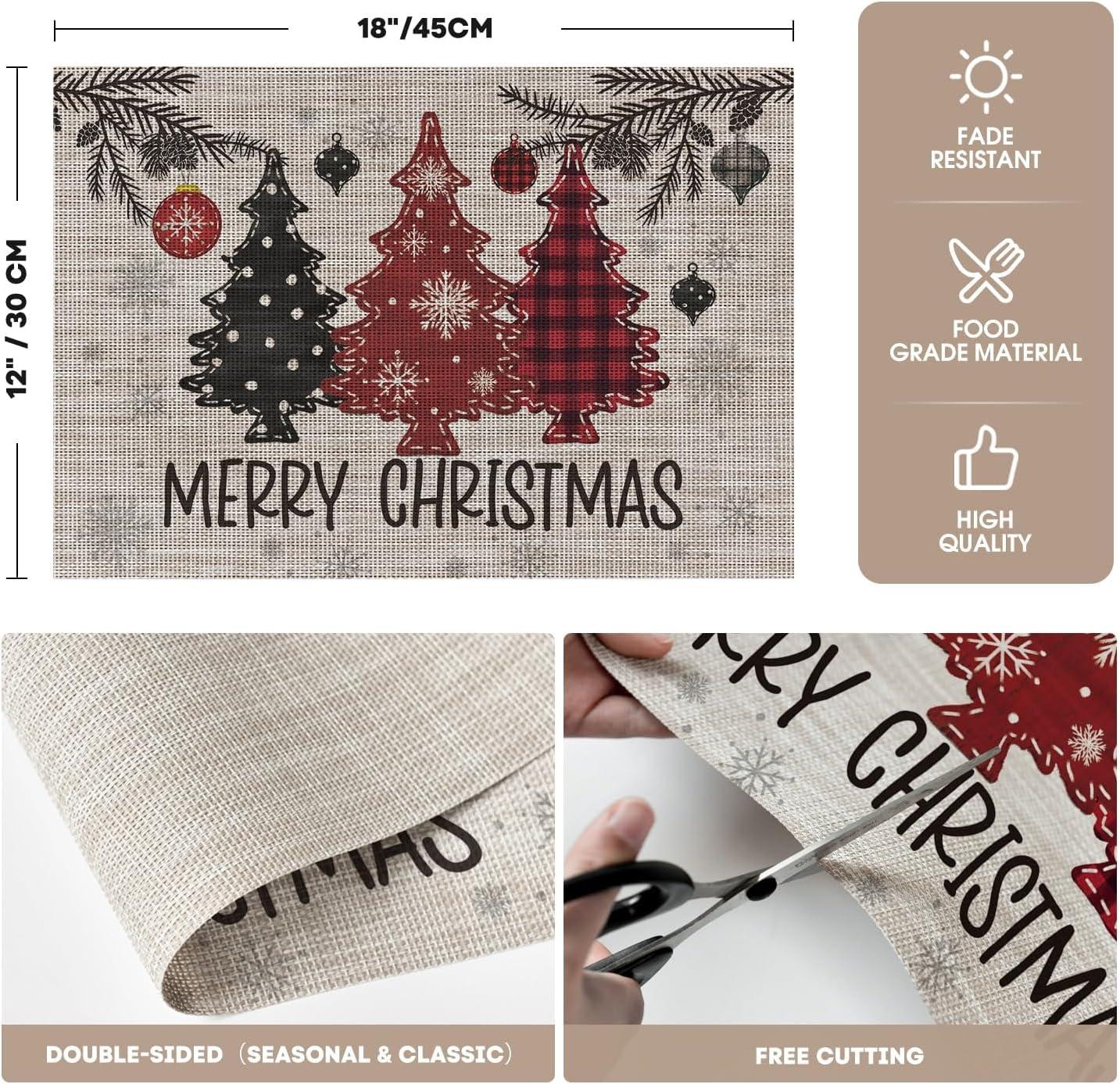 imageArtoid Mode Red Pine Trees Balls Christmas Vinyl Placemats Set of 4 12x18 Inch Wipeable Winter PVC Woven Table Mats for Party Kitchen Dining DecorBeigeRed