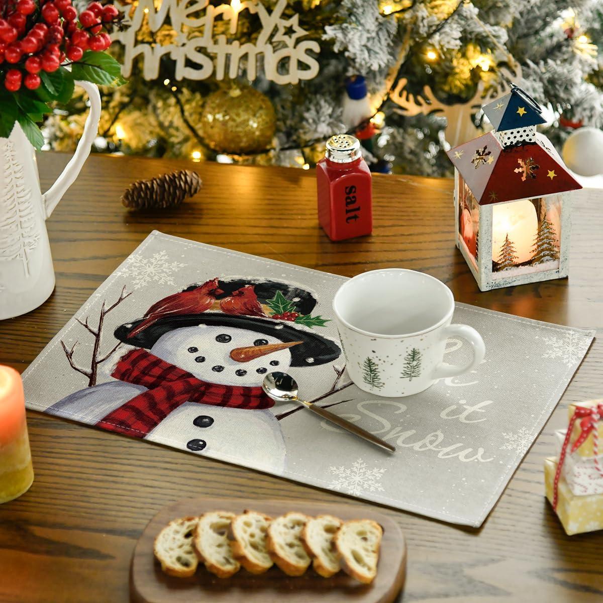 imageArtoid Mode Red Snowman Let It Snow Winter Placemats Set of 4 15 Inch Seasonal Christmas Xmas Round Table Mats for Dining DecorationSilver