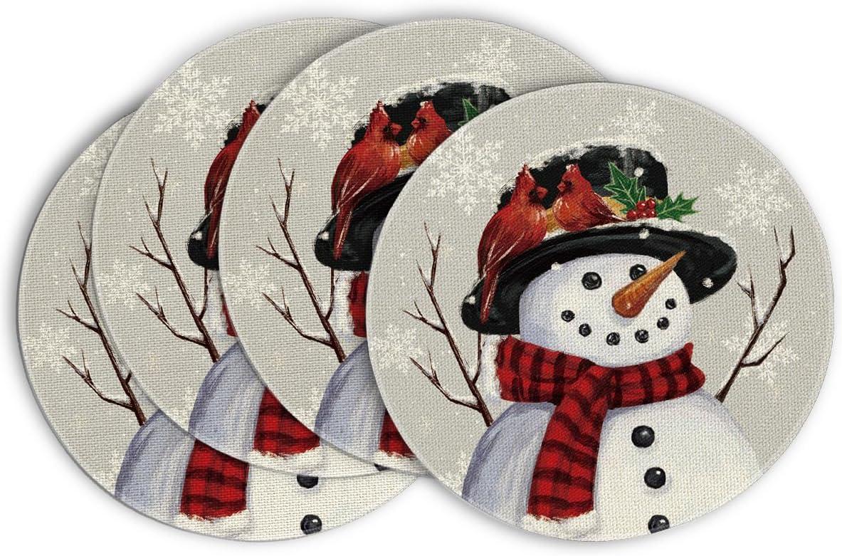imageArtoid Mode Red Snowman Let It Snow Winter Placemats Set of 4 15 Inch Seasonal Christmas Xmas Round Table Mats for Dining DecorationSilver