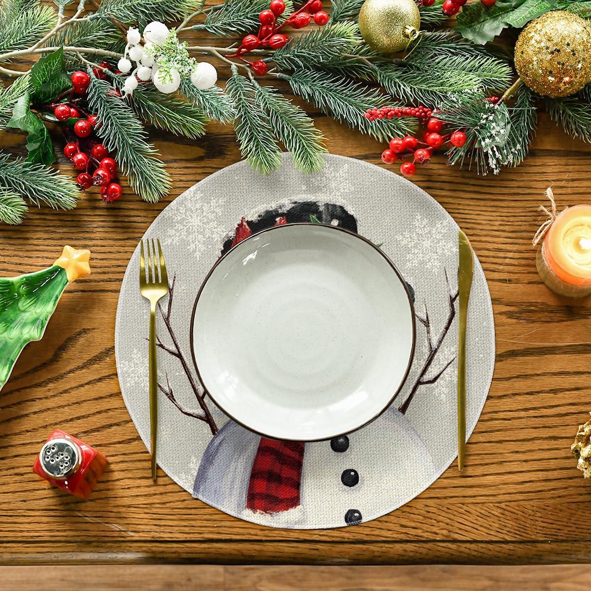imageArtoid Mode Red Snowman Let It Snow Winter Placemats Set of 4 15 Inch Seasonal Christmas Xmas Round Table Mats for Dining DecorationSilver