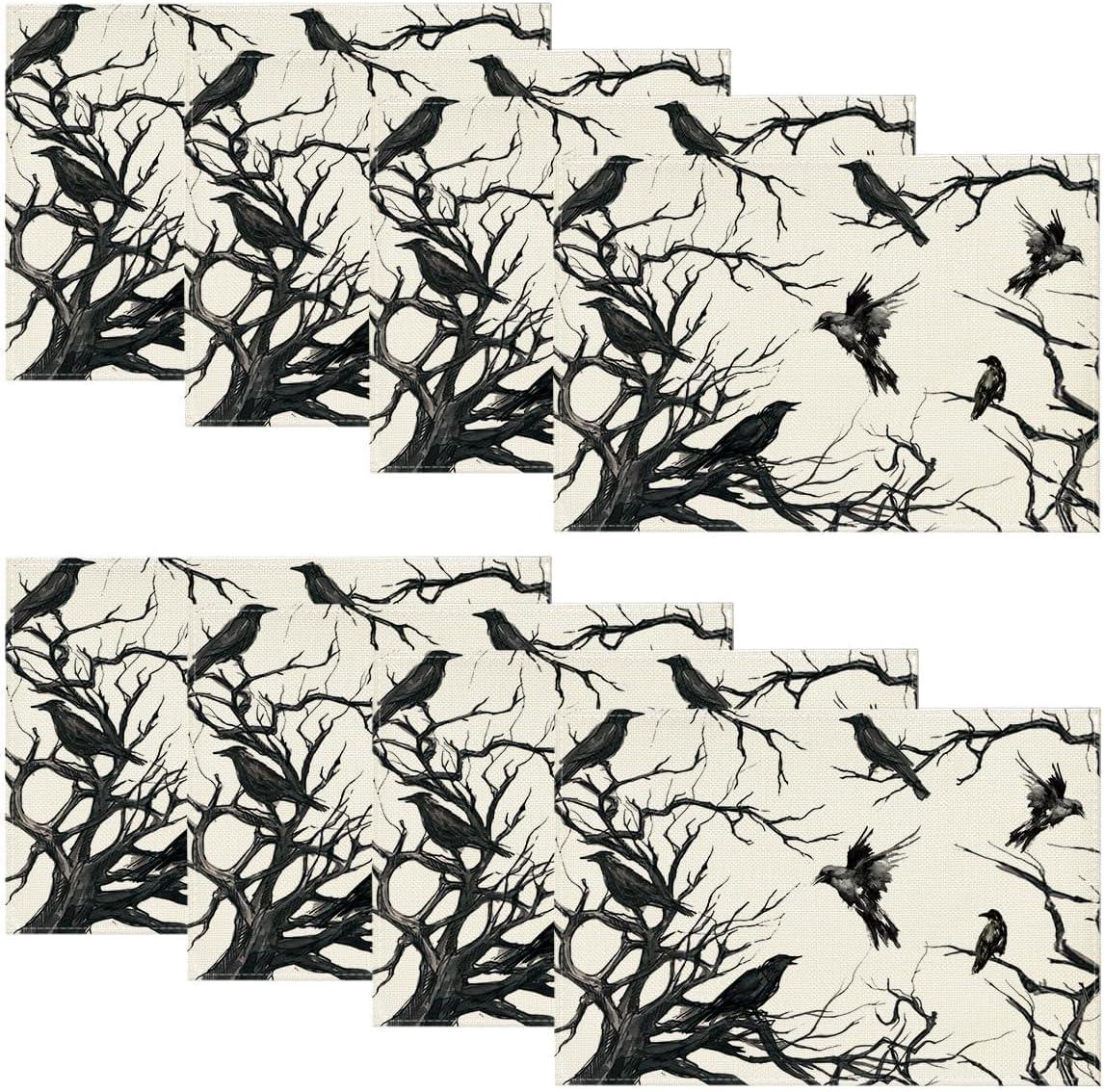 imageArtoid Mode Silhouette Tree Crows Halloween Round Placemats Set of 4 14 Inch Fall Round Table Mats for Dining DecorationBeigeBlack