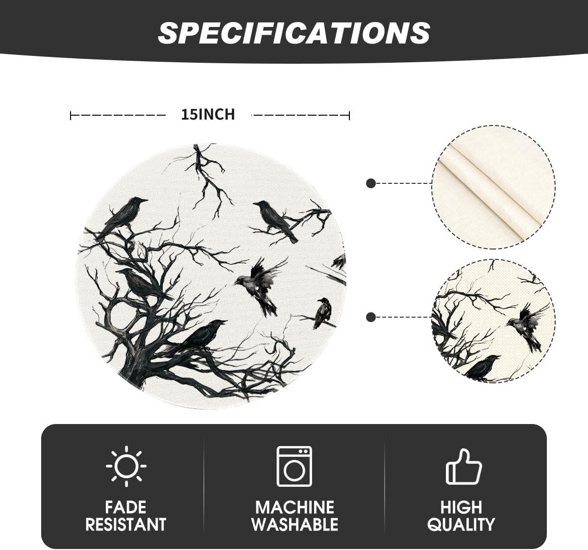 imageArtoid Mode Silhouette Tree Crows Halloween Round Placemats Set of 4 14 Inch Fall Round Table Mats for Dining DecorationBeigeBlack