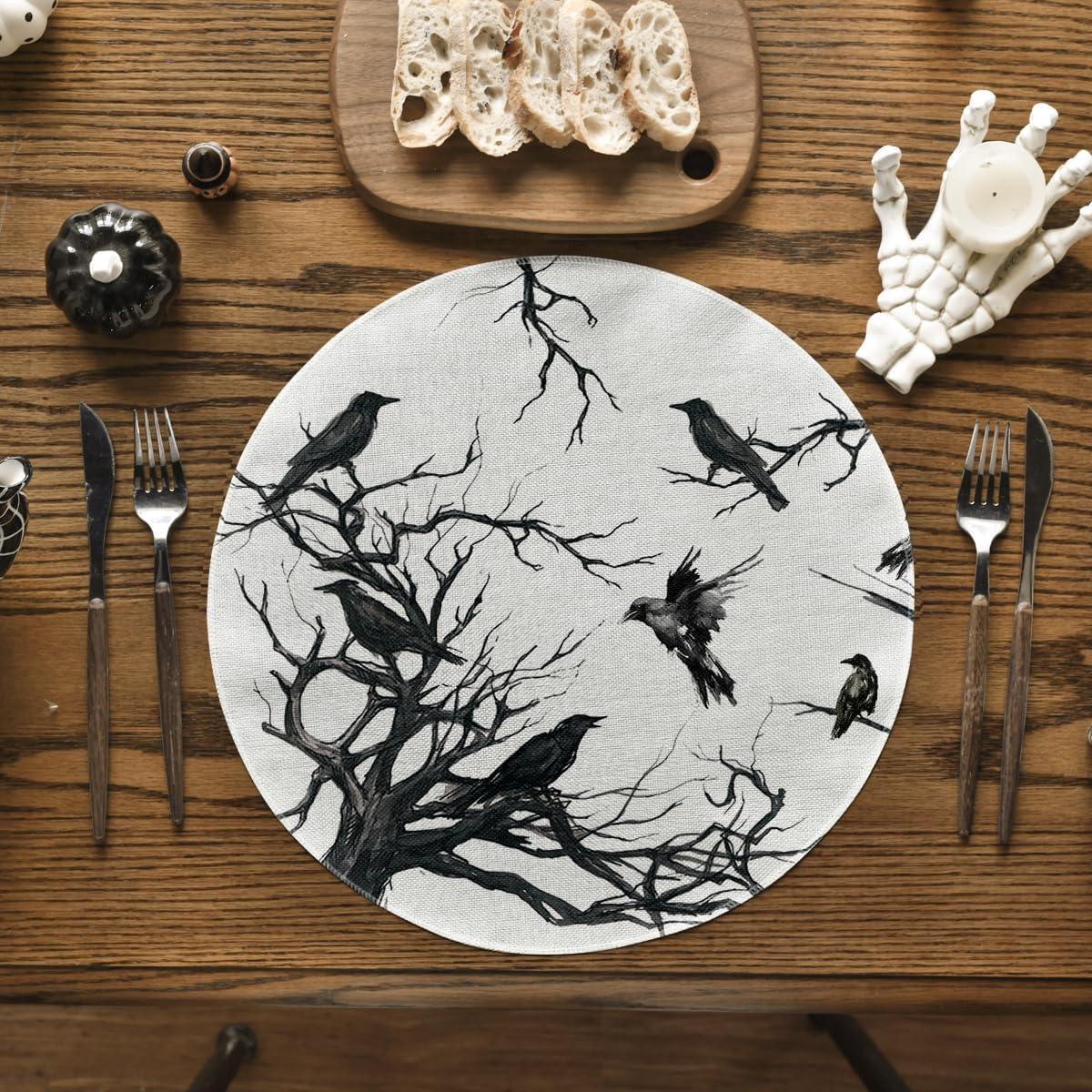 imageArtoid Mode Silhouette Tree Crows Halloween Round Placemats Set of 4 14 Inch Fall Round Table Mats for Dining DecorationBeigeBlack