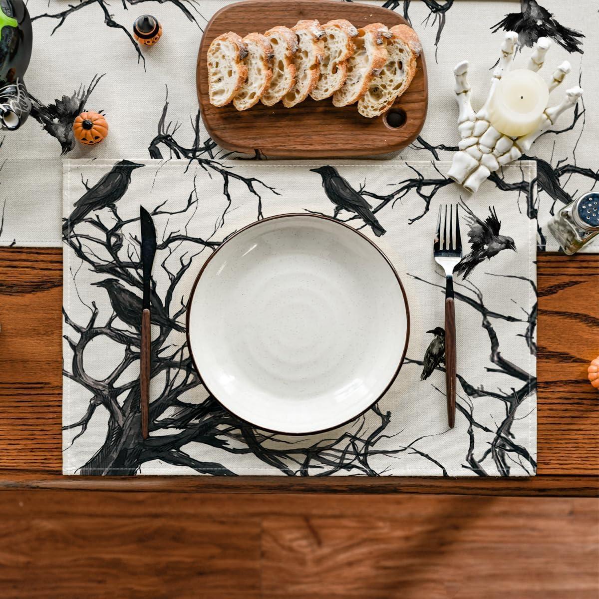 imageArtoid Mode Silhouette Tree Crows Halloween Round Placemats Set of 4 14 Inch Fall Round Table Mats for Dining DecorationBeigeBlack