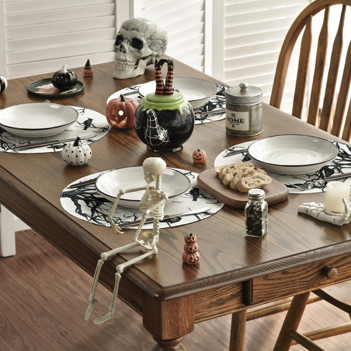 imageArtoid Mode Silhouette Tree Crows Halloween Round Placemats Set of 4 14 Inch Fall Round Table Mats for Dining DecorationBeigeBlack